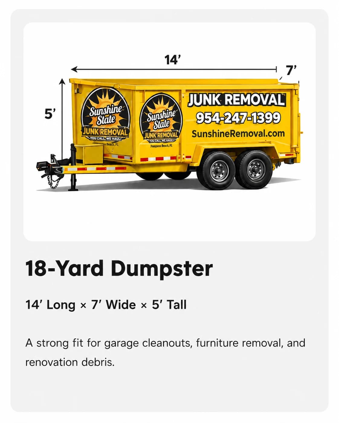 18-Yard Dumpster — 14' Long × 7' Wide × 5' Tall. A strong fit for garage cleanouts, furniture removal, and renovation debris.
