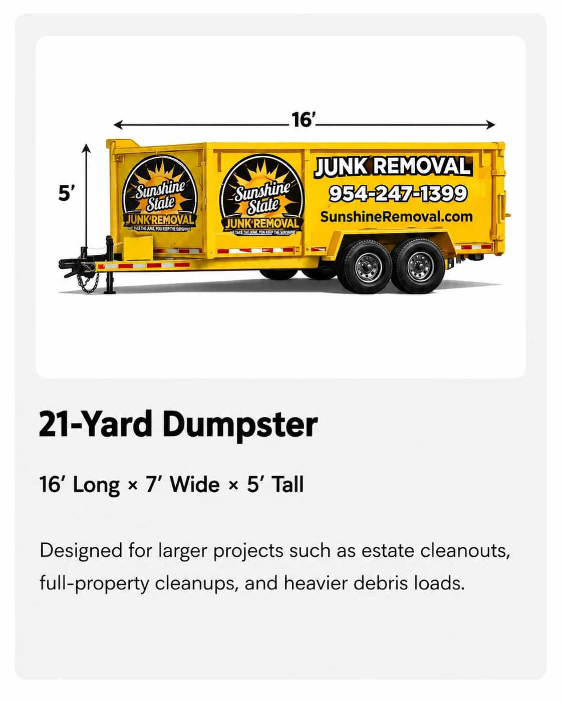 21-Yard Dumpster — 16' Long × 7' Wide × 5' Tall. Designed for larger projects such as estate cleanouts, full-property cleanups, and heavier debris loads.