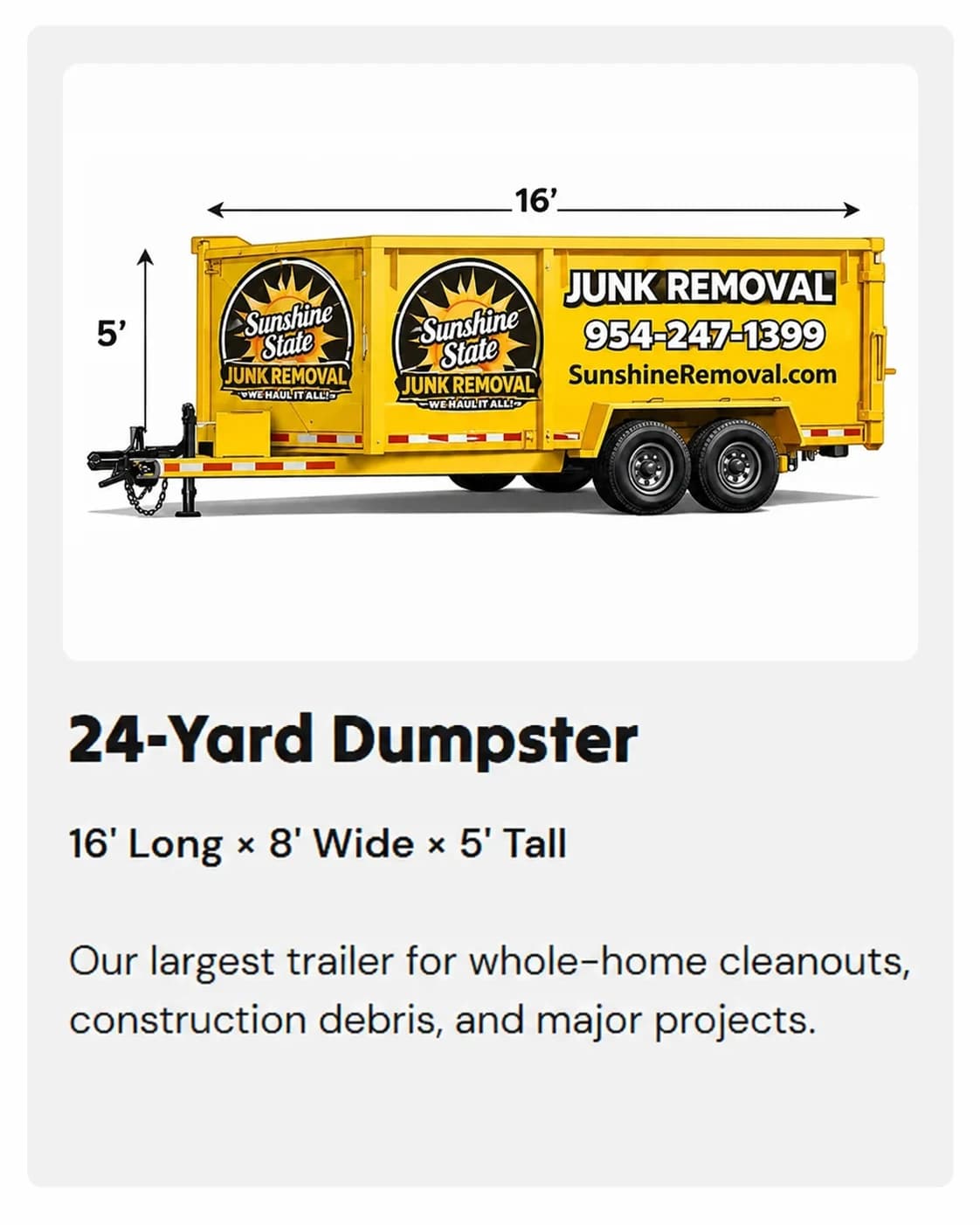 24-Yard Dumpster — 16' Long × 8' Wide × 5' Tall. Our largest trailer for whole-home cleanouts, construction debris, and major projects.